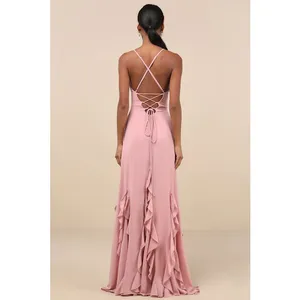 NWOT Lulus Priela Pink Ruffled Lace-Up Maxi Dress Holiday Party Bridesmaid Sz L thumbnail 3