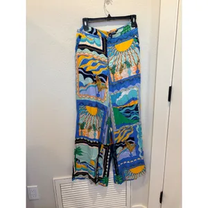 Maeve Anthropologie Sunshine Wide-Leg Pants Blue Tropical Scarf Print Size 4 thumbnail 5