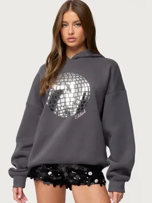Edikted Oversized Charcoal Gray Hoodie with Silver Disco Graphic thumbnail 1