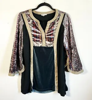 John‎ Mark Velvet Peasant Tunic Top Boho Patchwork Long Sleeve Size Small thumbnail 1