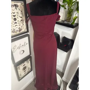 Long Wine Colored Reckless Hearts formal off the shoulder dress with front slit thumbnail 4