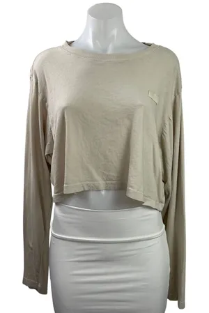 Set Active Women's Beige Long Sleeve Boxy Yoga Workout Athletic Crop Top Size M thumbnail 1