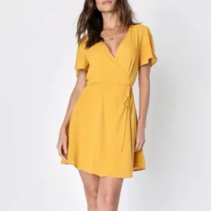 NWT Lulus Harbor Point Mustard Yellow Flutter-Sleeve‎ Mini Wrap Dress MEDIUM thumbnail 3