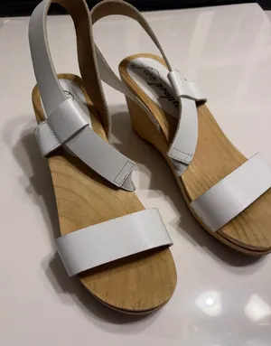 Free People White Leather Wood Wedge Sandals Slingback Strappy Shoes‎ Womens thumbnail 1
