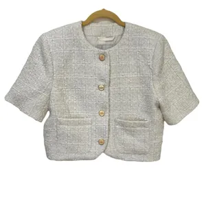 Abercrombie & Fitch Cream Short-Sleeve Cropped Tweed Blazer Jacket M thumbnail 2