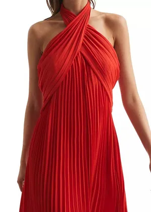 Reiss NWT ROYA HALTER NECK PLEAT Red MIDI DRESS thumbnail 6