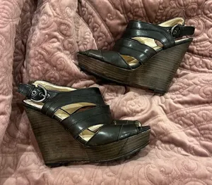 Coach Dark Brown Leather Wedge Sandals thumbnail 1