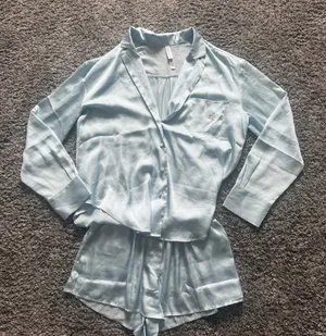 For Love & Lemons Light Blue Satin Pajama- Button-Front Top & Shorts thumbnail 1