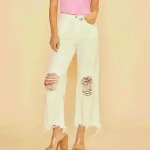 Distressed Wide Leg‎ High Rise White Jeans thumbnail 2