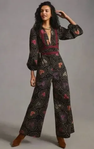 Anthropologie x Farm Rio Jumpsuit M NWT Deep-V Hearts Print Wide-Leg thumbnail 1