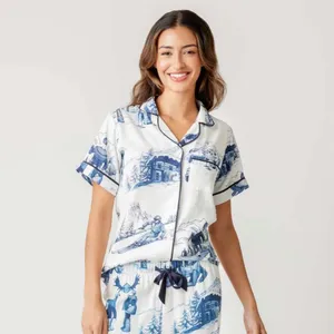 Katie Kime Apres Ski Toile Pajama Top in White & Navy thumbnail 2
