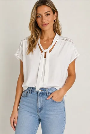 NWT Bally Switzerland White Silk Blend Short Sleeve Blouse Lace US Size 2 thumbnail 1