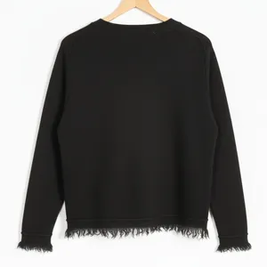 Free People Fringed V-Neck Solid Knit Sweater Black Boho Raw Edge Size S thumbnail 6