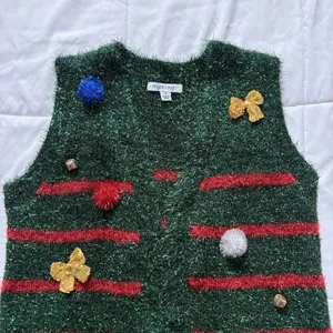 99‎ Jane Street Christmas Cardigan Womens Medium Green Open Front Holiday Vest thumbnail 2