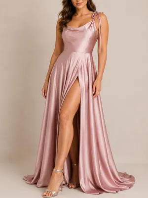 Ladivine Satin Dusty Pink Formal Evening Cocktail High Slit Maxi Gown thumbnail 9