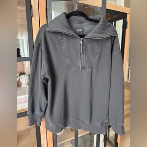 Aerie Down To Earth half zipper pullover sweatshirt ribbed charcoal oversized thumbnail 3