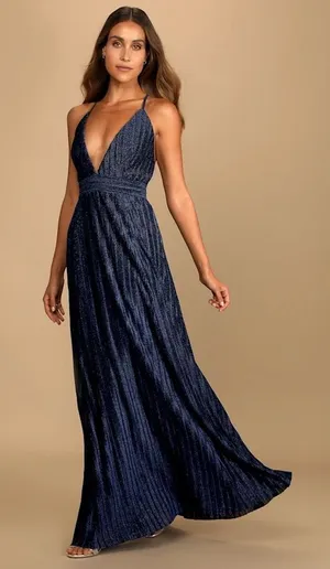 Luxxel Lulus Magical Looks Sparkly Maxi Dress Navy Blue Deep V-Neck Metallic Gown NWT S thumbnail 1