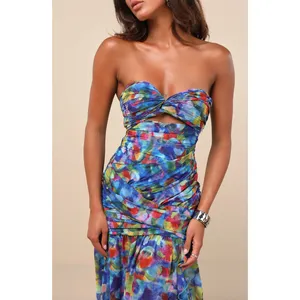 Lulus Jeniah Blue Multi Abstract Print Drop Waist Maxi Dress Formal Medium NWT thumbnail 3