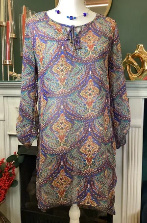 Bobeau Sheer Paisley Tunic Dress Womens Medium Roll Tab Sleeve‎ thumbnail 1