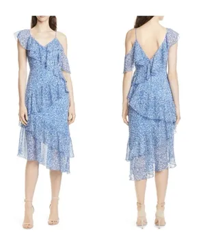 Alice + Olivia Olympia Blue Floral Print Silk Ruffled Asymmetric Midi Dress 2 thumbnail 2