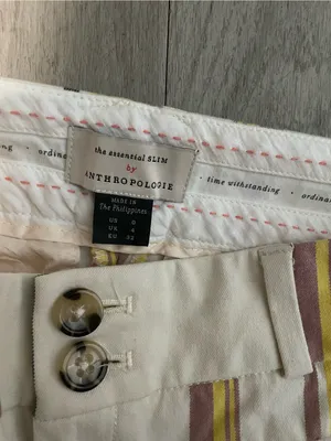 Anthropologie White Cotton-Blend Pants with Yellow & Pink Stripes thumbnail 2