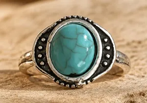 Turquoise Stone Silver-Tone Ladies Ring - Blue Size 8 thumbnail 1