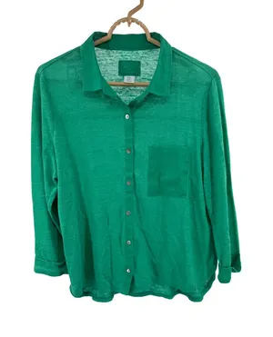 Sigrid Olsen Green Women's Lightweight 100% linen button front top M casual thumbnail 1