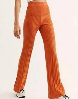 Free People Orange Keep It Real Ribbed Flare Pant Sz M thumbnail 1