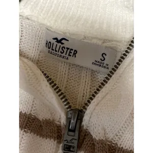 Hollister Womens White Brown Cable Knit 1/4 Zip Collared Polo Sweater Top Size S thumbnail 5