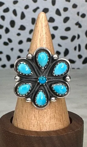 Turquoise Cluster Flower Sterling Silver Ring Size 8 Multi Stone 7 Stone thumbnail 1
