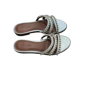 Coach White Gold-Beaded Isa Studded Strappy Flat Slide leather Sandals 7.5 thumbnail 3