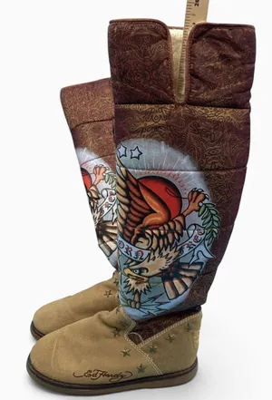 Vintage Y2K Ed Hardy Born Free Eagle Boots Womens 7 Suede Fur Lined Tattoo thumbnail 1