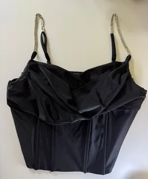 Satin Black Crop Top with silver chain straps Size M thumbnail 1