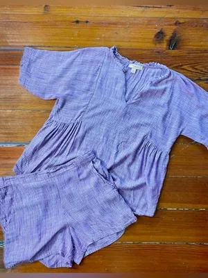 Kyra Purple & White Stripe 100% Viscose Lounge Short Set Pockets Sz M💛🎀 thumbnail 3