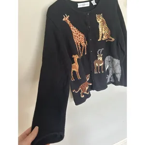 Marisa Cristina 90s Vintage Black Embroidered Safari Animal Cardigan Size Large thumbnail 5