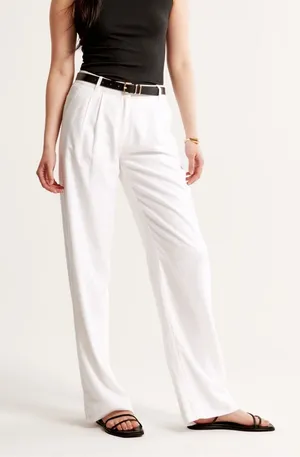 Abercrombie & Fitch Sloane Linen Blend Wide Leg Pants in White thumbnail 1