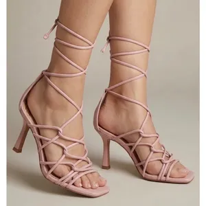 Vince Camuto Pink Strappy Lace Up Heels Square Toe Knotted Sandals Size 5.5 thumbnail 1