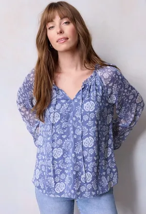 LC Lauren Conrad Blue Floral Tie-Neck Blouse thumbnail 1