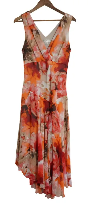 Y2K Floral Chiffon Maxi Dress Size 14 Orange Pink Watercolor Asymmetric Flowy thumbnail 1