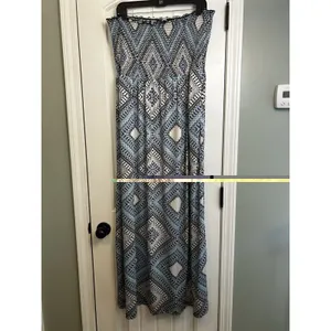 Cato XL Strapless Maxi Dress Blue Black Geometric Smocked Boho Stretch thumbnail 7