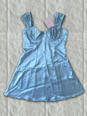 NEW Hello Molly Satin Baby Blue Mini Dress Large Dollcore Romantic Cottagecore thumbnail 1