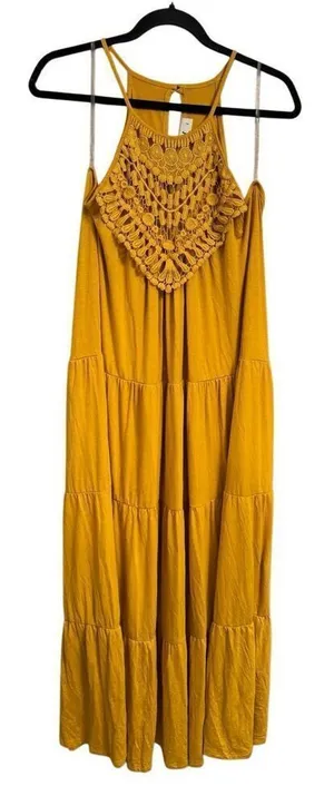 Three Bird Nest Perfection Tiered Maxi Dress Mustard Crochet Large thumbnail 1