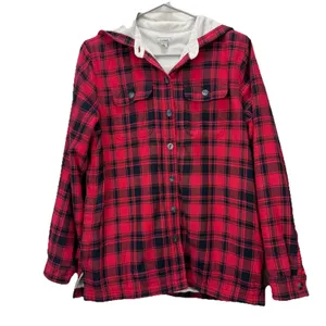 LL Bean Red Buffalo Plaid Fleece Lined‎ Flannel Hooded Shirt Jacket Shacket XS thumbnail 2
