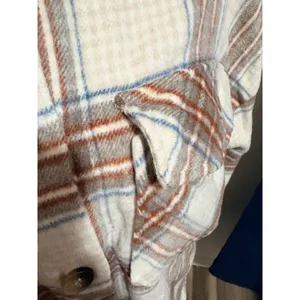 Timing Womens Plaid Oversized Shacket‎ Button Up Flannel Jacket Tan Blue L thumbnail 2