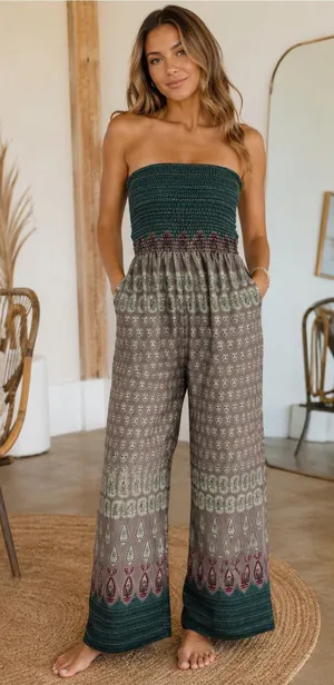Audrey Boho Strapless Open Back Wide Leg Jumpsuit Green Taupe Print thumbnail 1