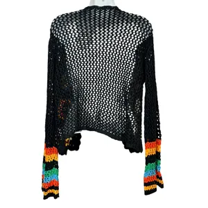 Womens Black Crochet Granny Square Open Front Cardigan Multi Color Boho Size L thumbnail 3