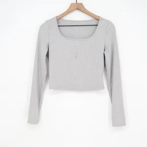SHEIN Womens Heather Grey Ribbed Square Neck Long Sleeve Crop Top Size M thumbnail 2