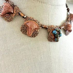 Vintage Copper Filigree Necklace w Goldstone & Turquoise tone Beads thumbnail 2