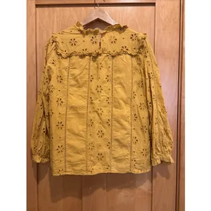 J.CREW Blouse Mustard Floral Embroidered Eyelet Long Sleeve Ruffle‎ Top Medium thumbnail 4