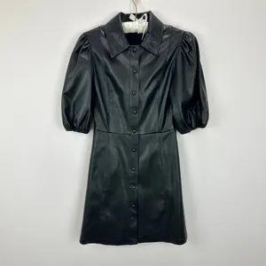 Lime Faux Leather Mini Dress Black Minimalist A Line Puff Sleeve Collared XS thumbnail 2